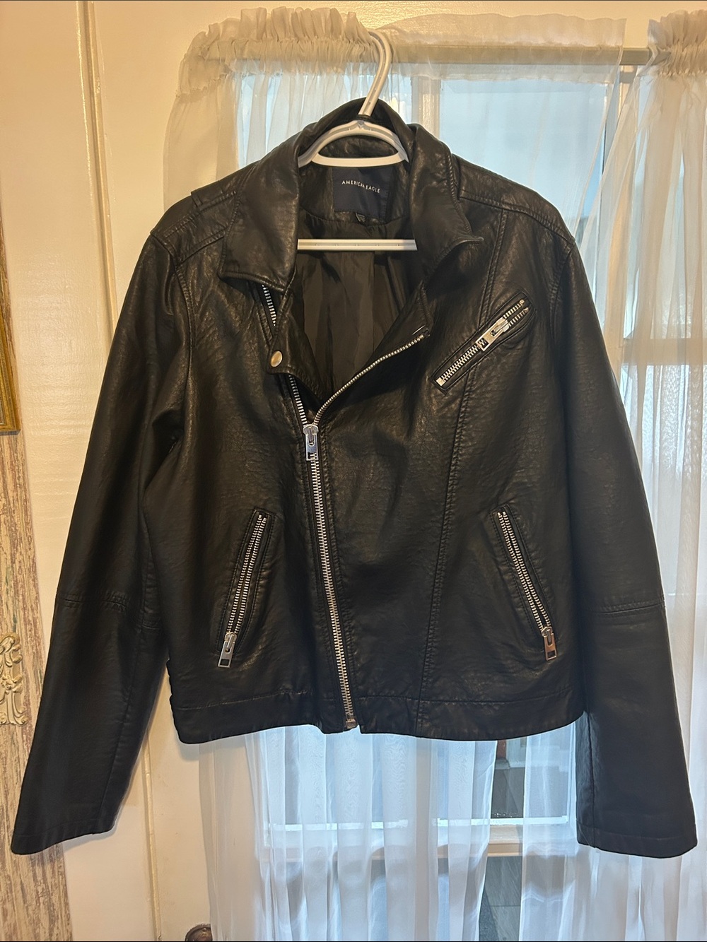 American Eagle Outfitters Black Faux Leather Moto Jacket with Silver Zippers